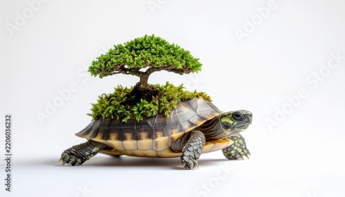 Surreal conceptual turtle with a miniature bonsai tree growing on its shell.