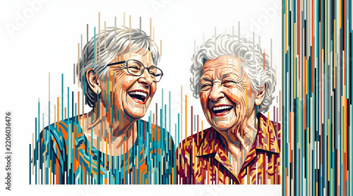 Happy Elderly Women Laughing Portrait in Colorful Abstract Style