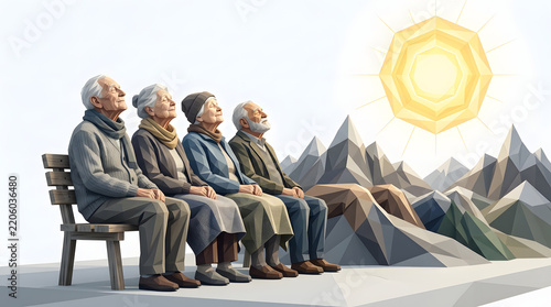 Old Adults Sitting on Bench in Mountain Landscape with Bright Sun