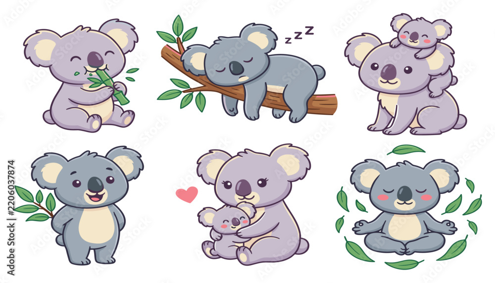 Obraz premium Cute cartoon brown bears with honey vector set. Honey pots, beehives, flying bees, wooden barrels and wild animal character elements.