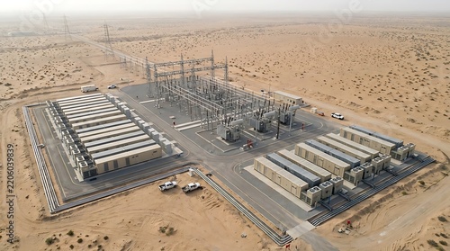 High Voltage Power Grid Transmission and Electrical Substation in Desert