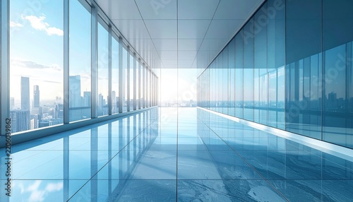 Expansive Modern Office Interior with Panoramic City Views and Bright Sunlight Reflecting on Polished Floors