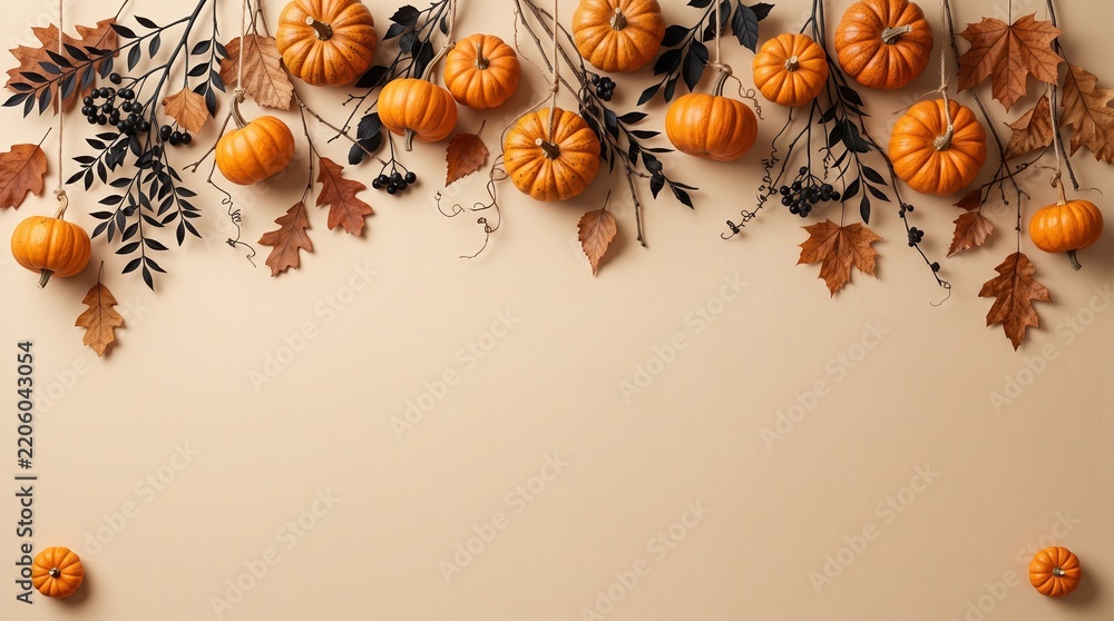 Obraz premium A delightful festive autumn arrangement features tiny pumpkins and vibrant colorful fall foliage on a soft warm neutral backdrop for seasonal themes