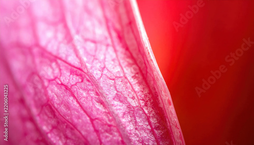 Extreme close-up of a vibrant pink flower petal revealing intricate vascular patterns and delicate texture against a soft red background