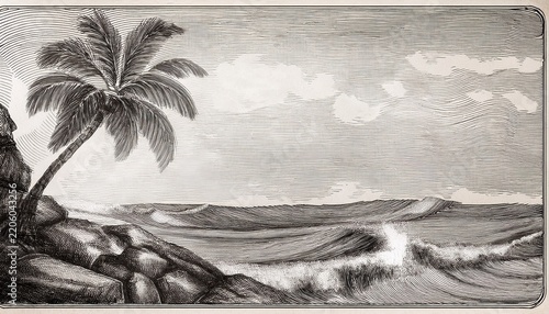 dramatic seascape with leaning palm tree on rocky shore and rolling ocean waves under cloudy sky in vintage engraving style for artistic wall decor or nautical themed design projects