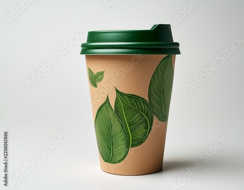 eco friendly coffee cup n kraft paper takeaway coffee mug with green leaf design white background