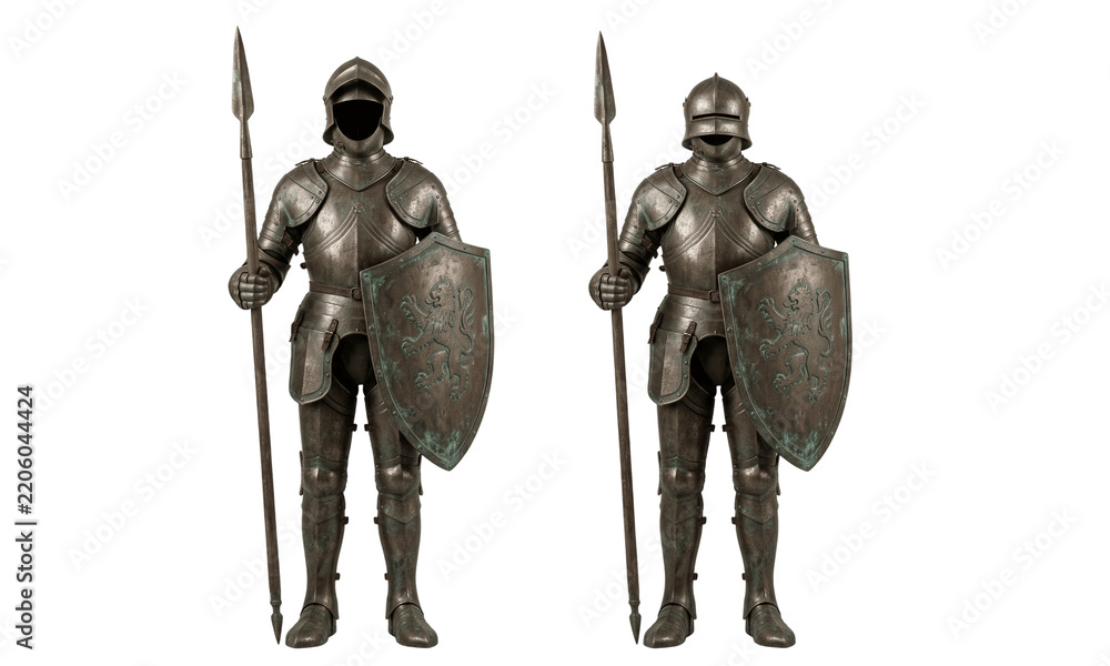 Obraz premium Two medieval knight suits of armor with spears and shields isolated
