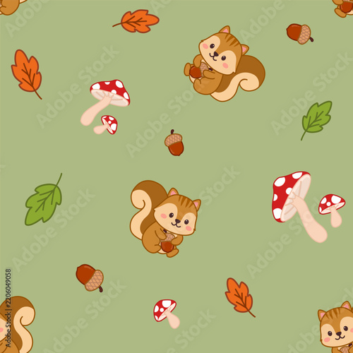 Cute Autumn Woodland Seamless Pattern with Squirrels, Mushrooms, Acorns and Leaves