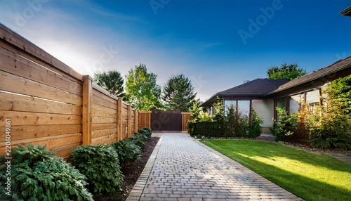 a modern home exterior featuring a wooden fence alongside a brick pathway and lush greenery sunlight illuminates the outdoor space