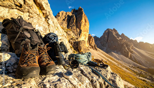 Mountain climbing equipment and supplies resting on rocky terrain with stunning alpine peaks and blue sky in the background