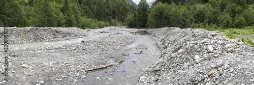 Illegal stream straightening in a nature reserve, Rappenalpbach in the Rappenalptal valley near Oberstdorf, Allgäu Alps, Allgäu, Bavaria, Germany