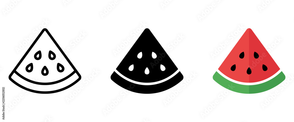 Fototapeta premium Watermelon slice icon set in outline silhouette and flat colored style, summer fruit vector icons for web design and UI