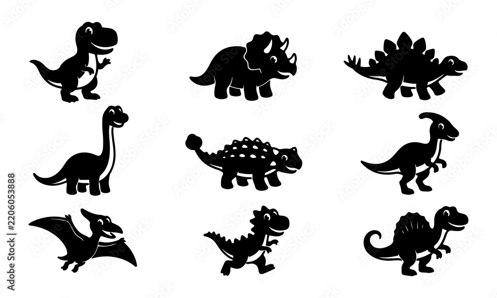 Obraz premium Set of cartoon dinosaur silhouettes isolated on a white background