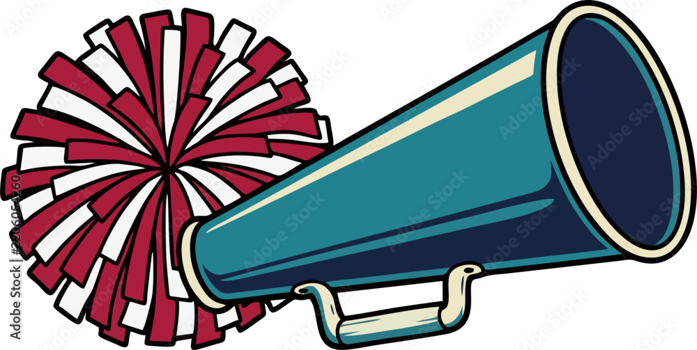 Obraz premium Cheerleading megaphone with red and white pom pom, retro cartoon style sports cheer equipment, vector illustration of cheerleader accessories for school spirit and team support concept