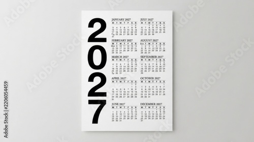 Yearly 2027 calendar poster with large vertical numbers