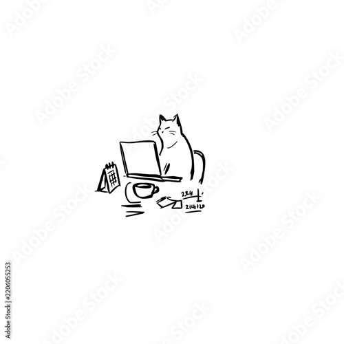 Cat working on laptop illustration isolated on transparent background