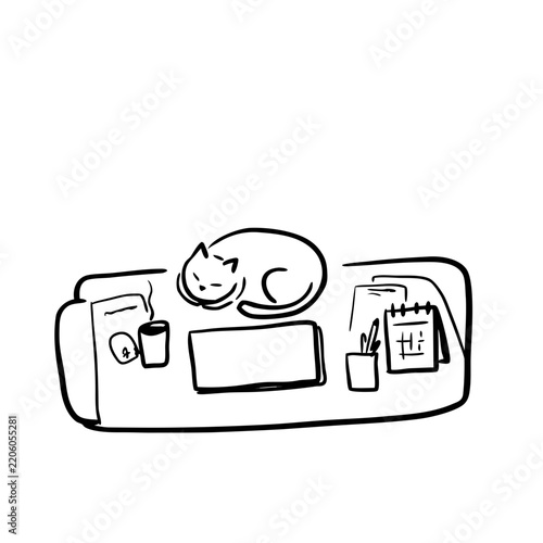 Sleeping cat vector illustration isolated on transparent background with desk accessories