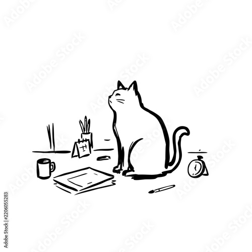 Cat working on desk illustration isolated on transparent background