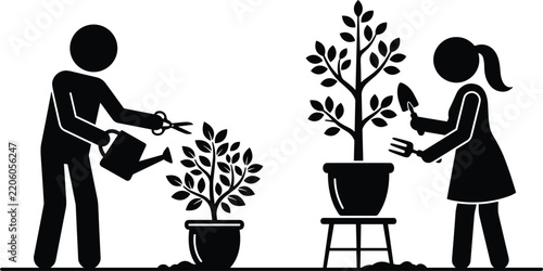 Man and Woman Gardening Silhouette Icon Set Watering Plant and Planting Tree in Pot Vector Illustration for Garden Design