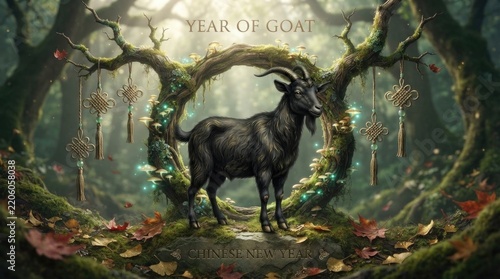 Black goat standing in a magical forest for chinese new year