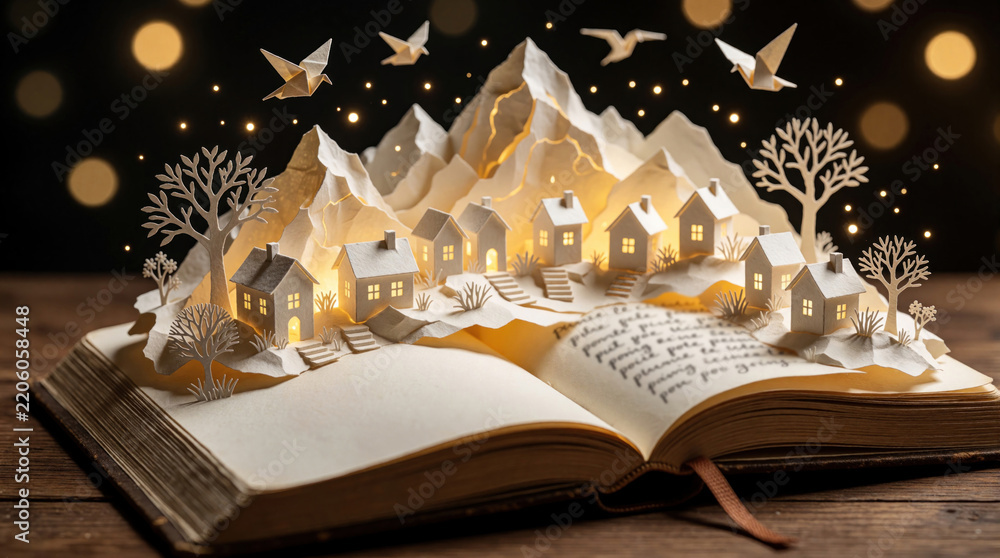 Obraz premium Open book with 3D paper art pop up. Small houses, snowy mountains rise from pages. Origami birds fly above village. Magical light glows in windows. Creative literary concept for storytelling, fantasy