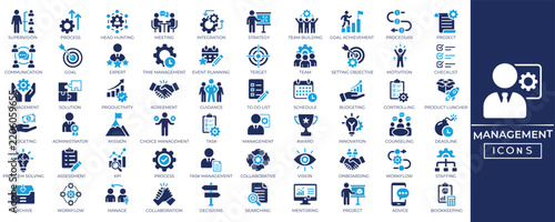 Management solid icon set. Containing management, teamwork, partnership, strategy, leadership, business, planning, employee icons collection. Vector illustration.
