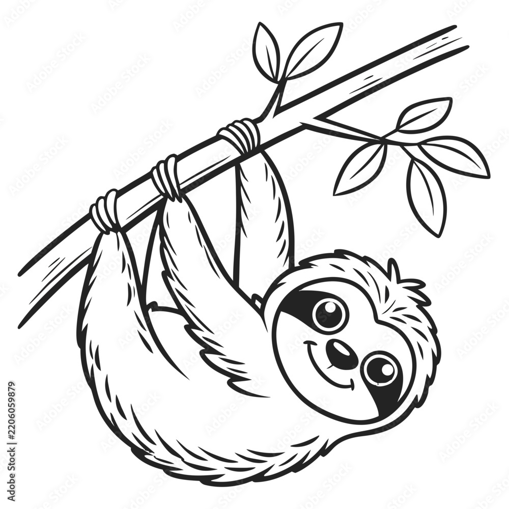 Obraz premium Cute sloth hanging on a tree branch black and white line art illustration