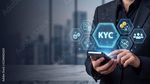 Businessman Using Smartphone for KYC Know Your Customer Verification Process, Digital Identity and Biometric Authentication with Holographic Interface for Financial Security and Compliance