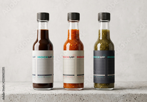 Three Hot Sauce Bottles Label Branding Mockup