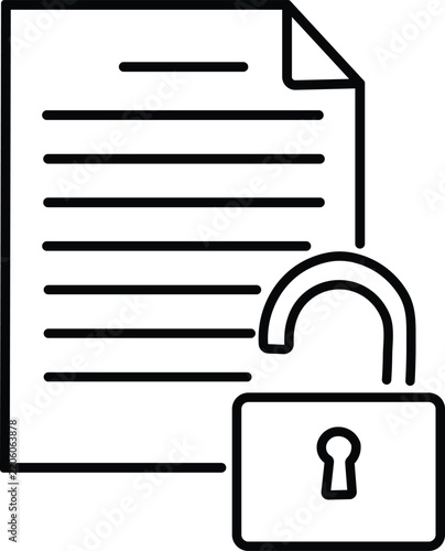 Unlocked document file with open padlock black outline vector icon isolated on white background