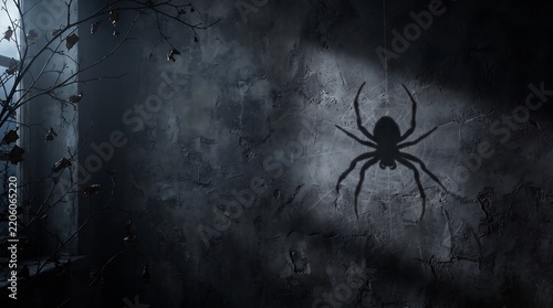 Halloween spooky spider silhouette on textured wall with copy space