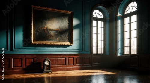 Empty dark room with teal walls, wood paneling. Large oil painting in gold frame hangs on wall. Antique clock sits on parquet floor near arched windows. Sunlight streams through windows into vintage