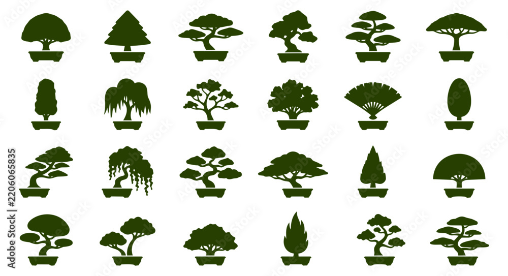 Obraz premium Green bonsai tree silhouette vector icons set featuring diverse miniature potted plant graphic designs
