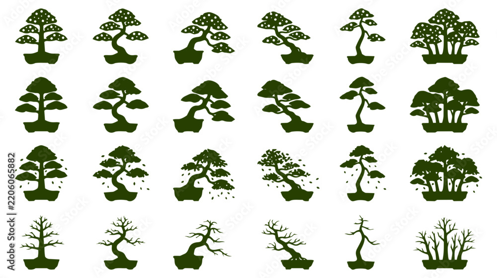 Fototapeta premium Detailed vector graphic illustration showcasing various green bonsai tree silhouettes in different natural stages