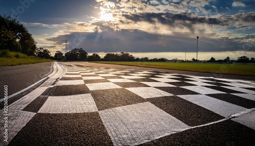a detailed close up view of the finish line at silverstone circuit capturing the checkered pattern against a dramatic sky and empty track