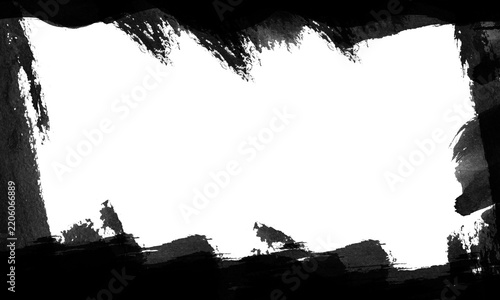 Abstract black ink brush stroke frame texture with rough edges isolated on transparent background