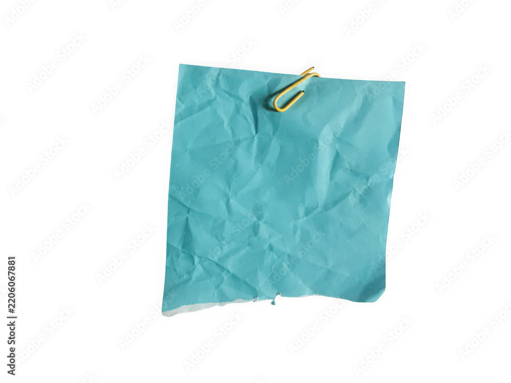 Fototapeta premium A single crumpled blue sticky note attached with a gold metal paper clip isolated on transparent background