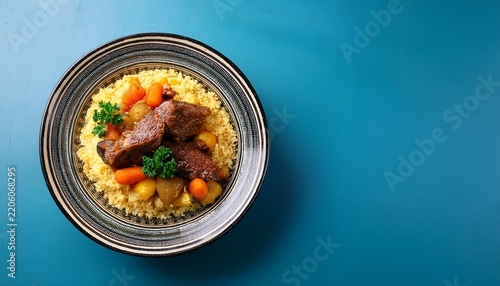 traditional moroccan couscous dish with slow cooked vegetables lamb and a flavorful sauce