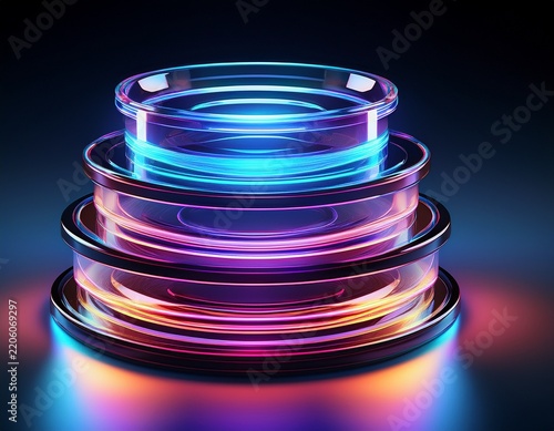 abstract 3d render of stacked glass optical lenses with glowing neon edges on a black background