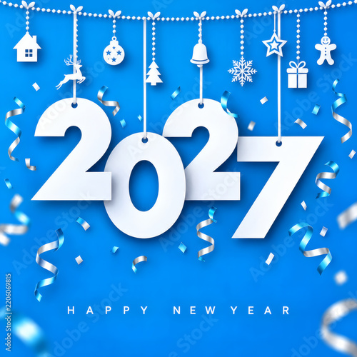 Happy New Year 2027 with hanging ornaments and confetti festive celebration concept for holiday greetings and event invitations bright blue background