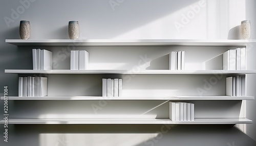 minimalist staggered white shelves on wall geometric modern design clean lines shadows contemporary composition