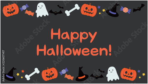 かわいいハロウィンの黒フレーム背景ベクターイラスト素材【文字あり】【横長】