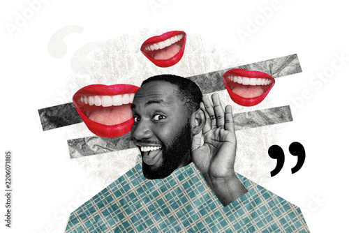 Obraz na plátně Composite photo collage of american shocked guy listen ear gossip murmur secret