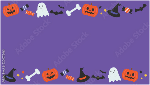 かわいいハロウィンの紫フレーム背景ベクターイラスト素材【文字なし】【横長】