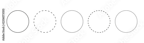 Set of black circles with solid to dashed outline stroke styles for digital design