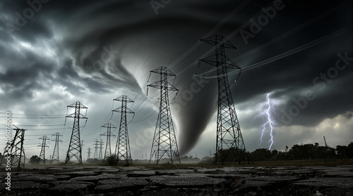 Tornado and Lightning Storm with Power Lines - Alpha Channel
