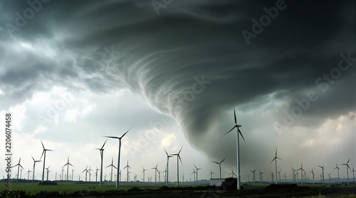 Powerful Tornadic Storm Cloud Above Wind Farm Landscape