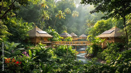 Eco-friendly bungalows with solar panels in lush jungle