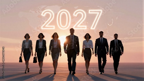 Business team strides forward toward 2027, symbolizing future growth and global ambition.