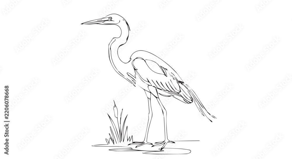 Fototapeta premium Minimalist continuous line art illustration of a heron standing in a marsh on a textured vintage background